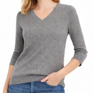 Valerie Stevens Women's Two-Ply 100% Cashmere Gray Petite Large V-Neck Sweater